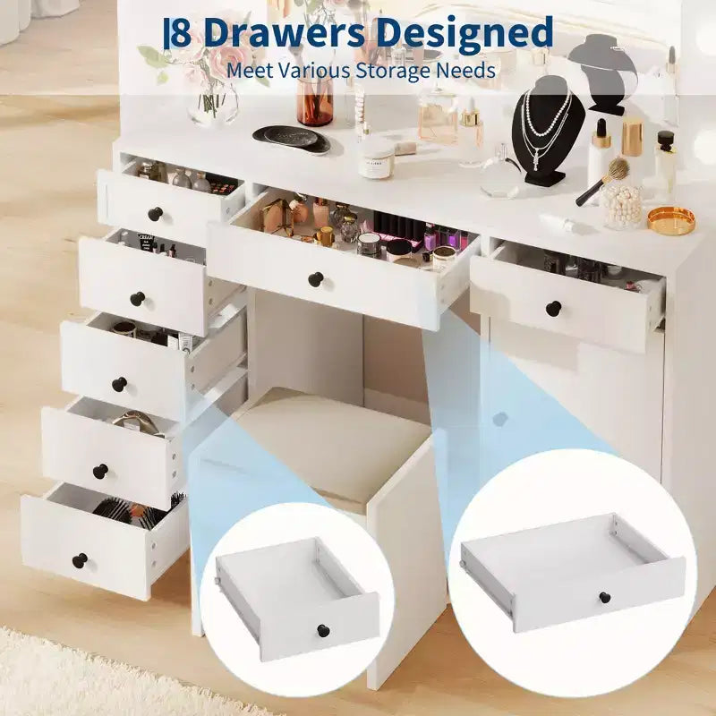 White Vanity Desk with Mirror and Light, Makeup Vanity Table with Charging Station, Storage Drawer Cabinet, Modern Wooden Dressing Table for Bedroom