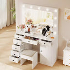 White Vanity Desk with Mirror and Light, Makeup Vanity Table with Charging Station, Storage Drawer Cabinet, Modern Wooden Dressing Table for Bedroom