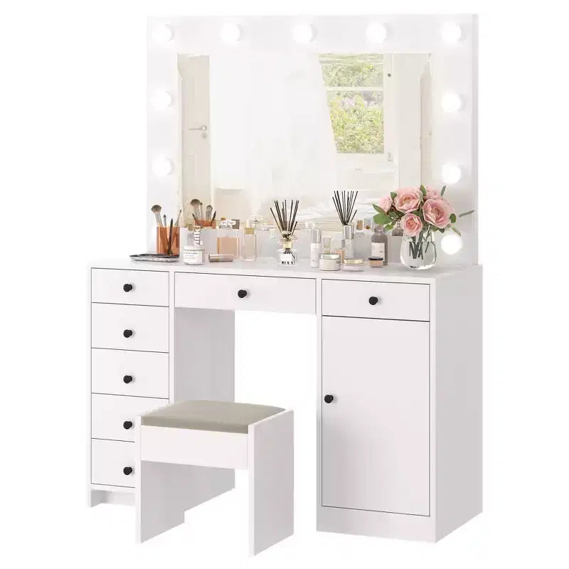 White Vanity Desk with Mirror and Light, Makeup Vanity Table with Charging Station, Storage Drawer Cabinet, Modern Wooden Dressing Table for Bedroom
