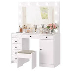 White Vanity Desk with Mirror and Light, Makeup Vanity Table with Charging Station, Storage Drawer Cabinet, Modern Wooden Dressing Table for Bedroom