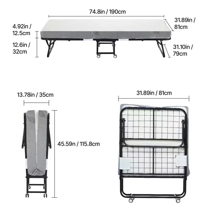 Zeus & Ruta 31x 75 Twin Size Folding Bed with 5 Mattress, Portable Guest Bed for Adults, Gray