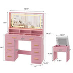 COZONY 42 LED Makeup Vanity Desk with Large Mirror, 8 Drawers, Charging Station & Storage Stool, Pink