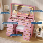 COZONY 42 LED Makeup Vanity Desk with Large Mirror, 8 Drawers, Charging Station & Storage Stool, Pink