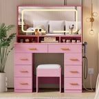COZONY 42 LED Makeup Vanity Desk with Large Mirror, 8 Drawers, Charging Station & Storage Stool, Pink