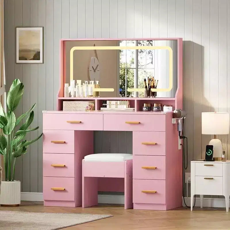 COZONY 42 LED Makeup Vanity Desk with Large Mirror, 8 Drawers, Charging Station & Storage Stool, Pink