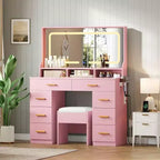 COZONY 42 LED Makeup Vanity Desk with Large Mirror, 8 Drawers, Charging Station & Storage Stool, Pink