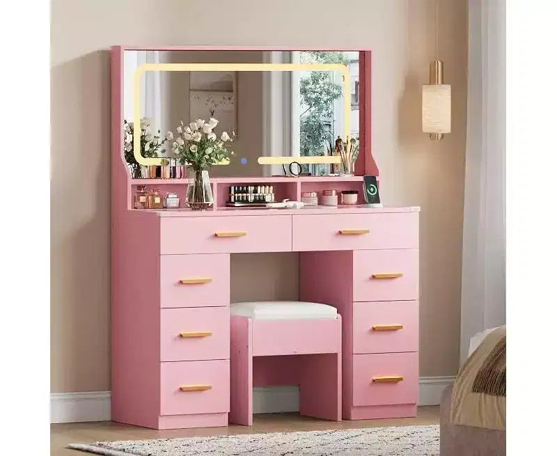 COZONY 42 LED Makeup Vanity Desk with Large Mirror, 8 Drawers, Charging Station & Storage Stool, Pink