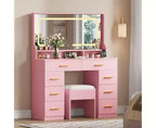 COZONY 42 LED Makeup Vanity Desk with Large Mirror, 8 Drawers, Charging Station & Storage Stool, Pink