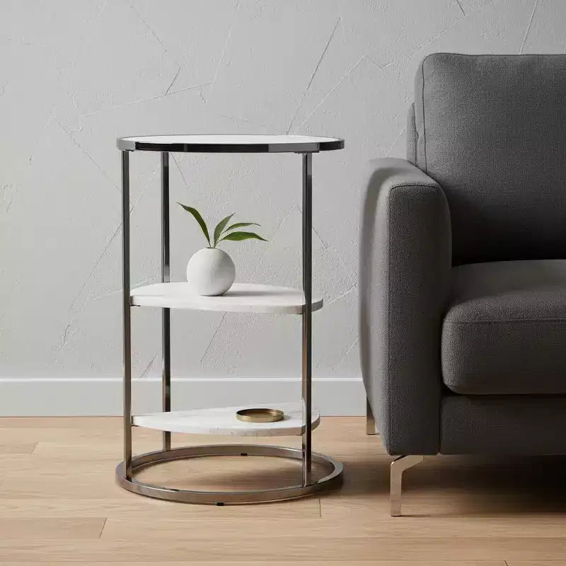 HomeRoots 24 Black Metal Glass And Faux Marble Round End Table With Two Shelves