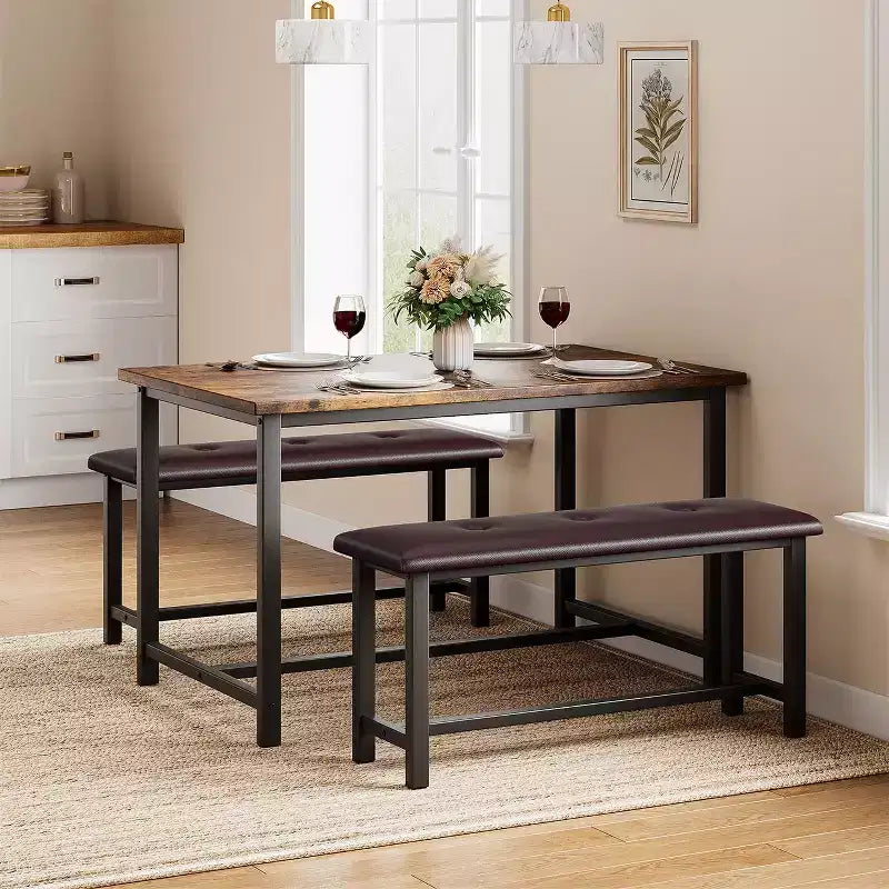 Dining Table Set for 4,Kitchen Table with Benches,Rectangular Dining Room Table Set with 2 Upholstered Benches,3 Piece Dining Table Set for Small Spac