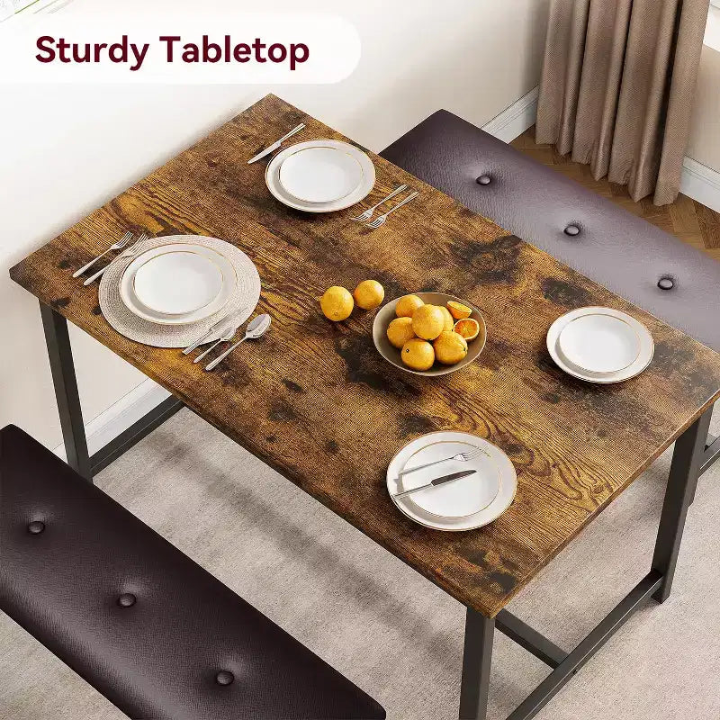 Dining Table Set for 4,Kitchen Table with Benches,Rectangular Dining Room Table Set with 2 Upholstered Benches,3 Piece Dining Table Set for Small Spac