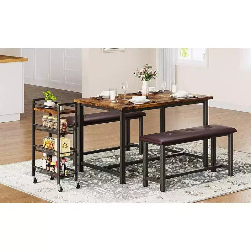 Dining Table Set for 4,Kitchen Table with Benches,Rectangular Dining Room Table Set with 2 Upholstered Benches,3 Piece Dining Table Set for Small Spac