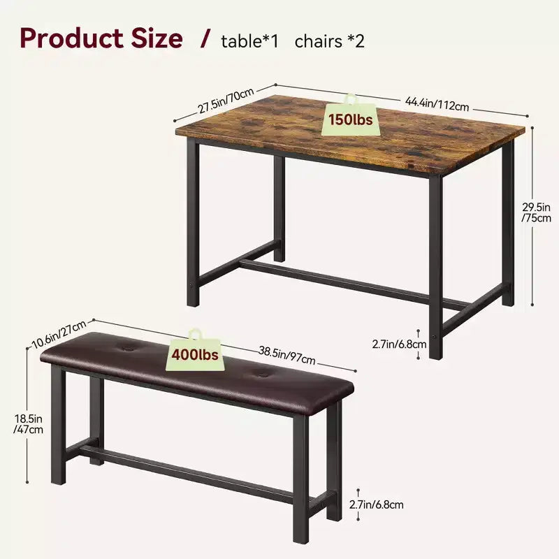 Dining Table Set for 4,Kitchen Table with Benches,Rectangular Dining Room Table Set with 2 Upholstered Benches,3 Piece Dining Table Set for Small Spac