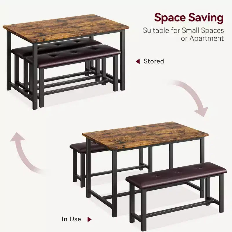 Dining Table Set for 4,Kitchen Table with Benches,Rectangular Dining Room Table Set with 2 Upholstered Benches,3 Piece Dining Table Set for Small Spac