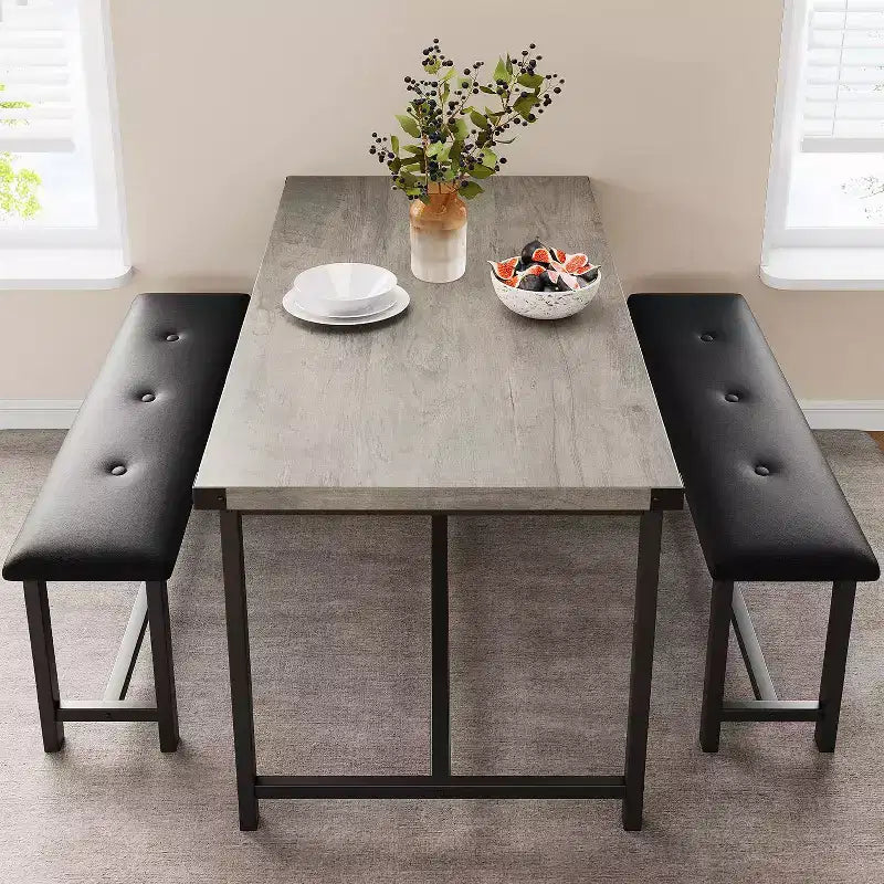 Dining Table Set for 4,Kitchen Table with Benches,Rectangular Dining Room Table Set with 2 Upholstered Benches,3 Piece Dining Table Set for Small Spac