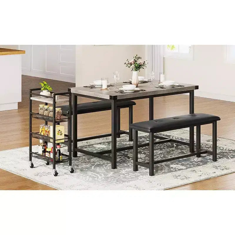 Dining Table Set for 4,Kitchen Table with Benches,Rectangular Dining Room Table Set with 2 Upholstered Benches,3 Piece Dining Table Set for Small Spac