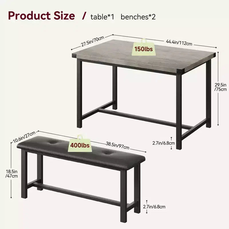 Dining Table Set for 4,Kitchen Table with Benches,Rectangular Dining Room Table Set with 2 Upholstered Benches,3 Piece Dining Table Set for Small Spac