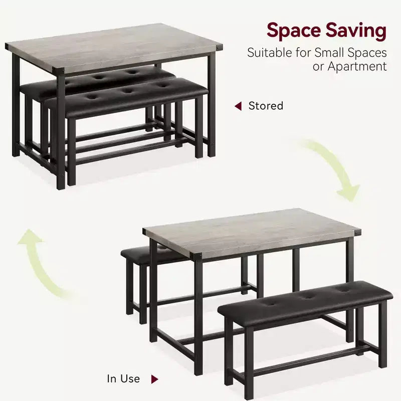 Dining Table Set for 4,Kitchen Table with Benches,Rectangular Dining Room Table Set with 2 Upholstered Benches,3 Piece Dining Table Set for Small Spac