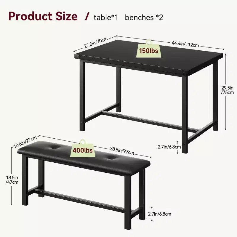 Dining Table Set for 4,Kitchen Table with Benches,Rectangular Dining Room Table Set with 2 Upholstered Benches,3 Piece Dining Table Set for Small Spac