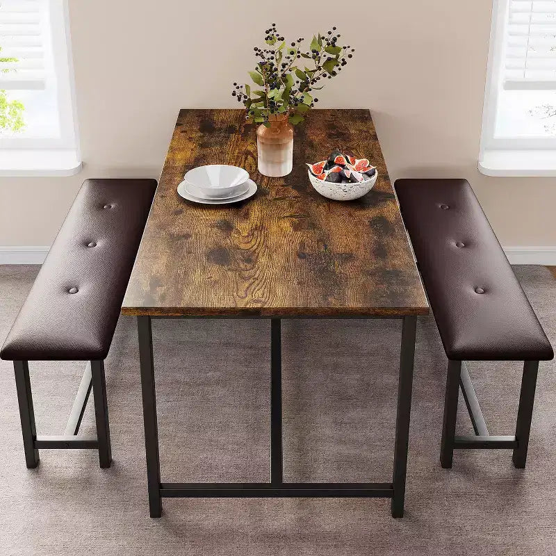 Dining Table Set for 4,Kitchen Table with Benches,Rectangular Dining Room Table Set with 2 Upholstered Benches,3 Piece Dining Table Set for Small Spac