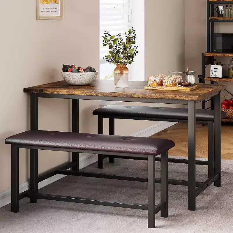 Dining Table Set for 4,Kitchen Table with Benches,Rectangular Dining Room Table Set with 2 Upholstered Benches,3 Piece Dining Table Set for Small Spac
