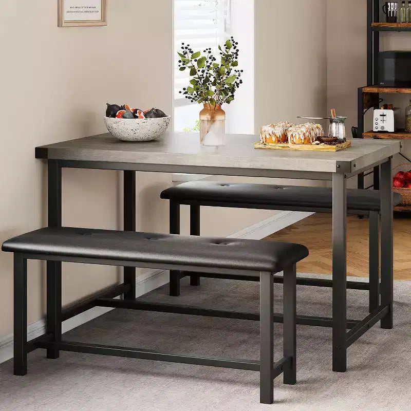 Dining Table Set for 4,Kitchen Table with Benches,Rectangular Dining Room Table Set with 2 Upholstered Benches,3 Piece Dining Table Set for Small Spac