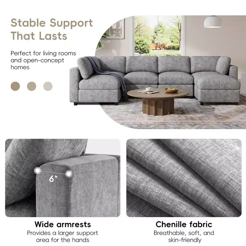 GDFStudio Hudson Modern Chenille 6-Seat Modular Sectional Sofa Sleeper U-Shaped Convertible Couch with Ottoman