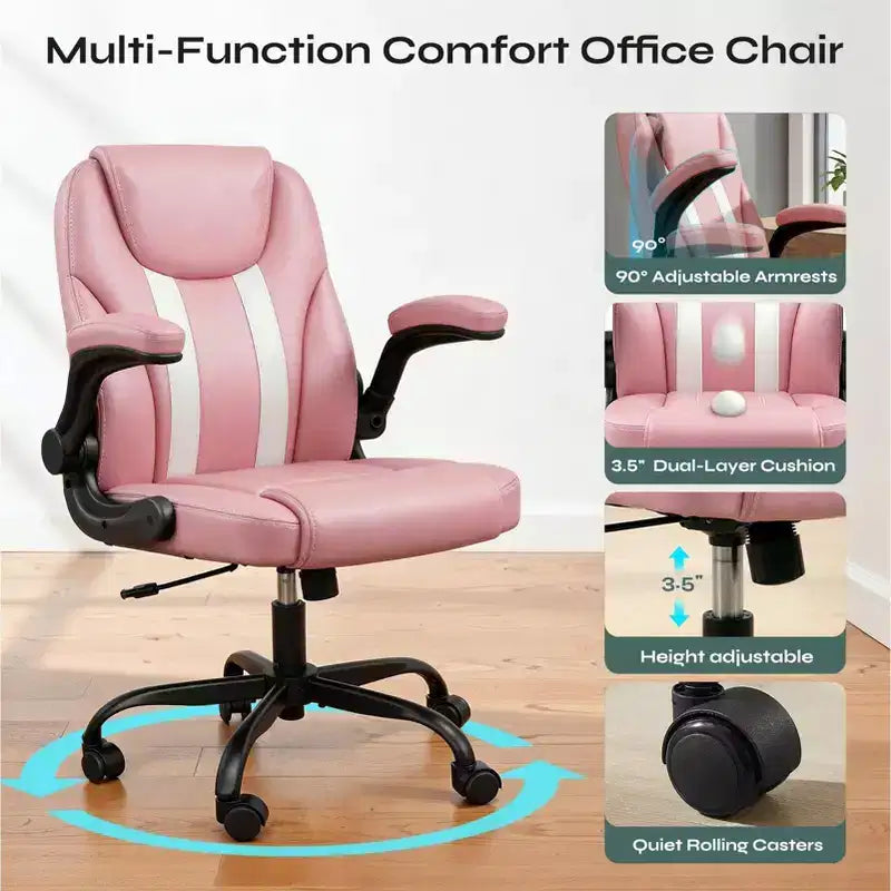 Pinmoco Ergonomic Executive Computer Desk Chair with Double-Layer Cushion, Gaming Chair with Wheels and Flip-Up Armrest, PU Leather