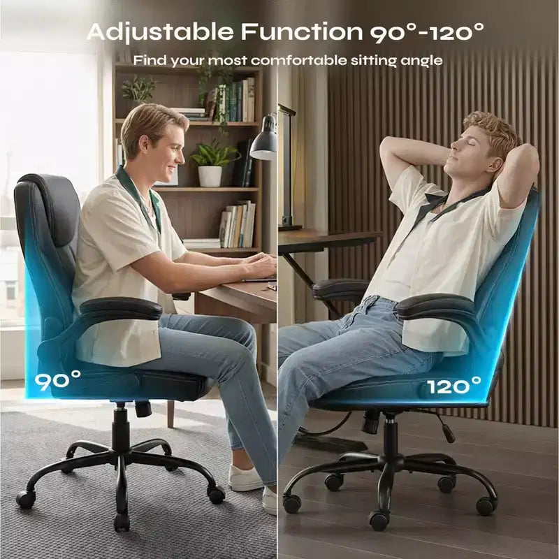 Pinmoco Ergonomic Executive Computer Desk Chair with Double-Layer Cushion, Gaming Chair with Wheels and Flip-Up Armrest, PU Leather