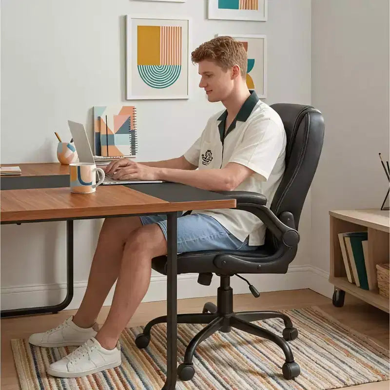 Pinmoco Ergonomic Executive Computer Desk Chair with Double-Layer Cushion, Gaming Chair with Wheels and Flip-Up Armrest, PU Leather