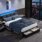 Qwatto Upholstered Full Bed Frame with LED Lights Charging Station 2 Storage Drawers Platform Bed No Box Spring Needed Modern Bedroom Furniture