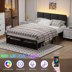 Qwatto Upholstered Full Bed Frame with LED Lights Charging Station 2 Storage Drawers Platform Bed No Box Spring Needed Modern Bedroom Furniture