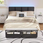 Qwatto Upholstered Full Bed Frame with LED Lights Charging Station 2 Storage Drawers Platform Bed No Box Spring Needed Modern Bedroom Furniture