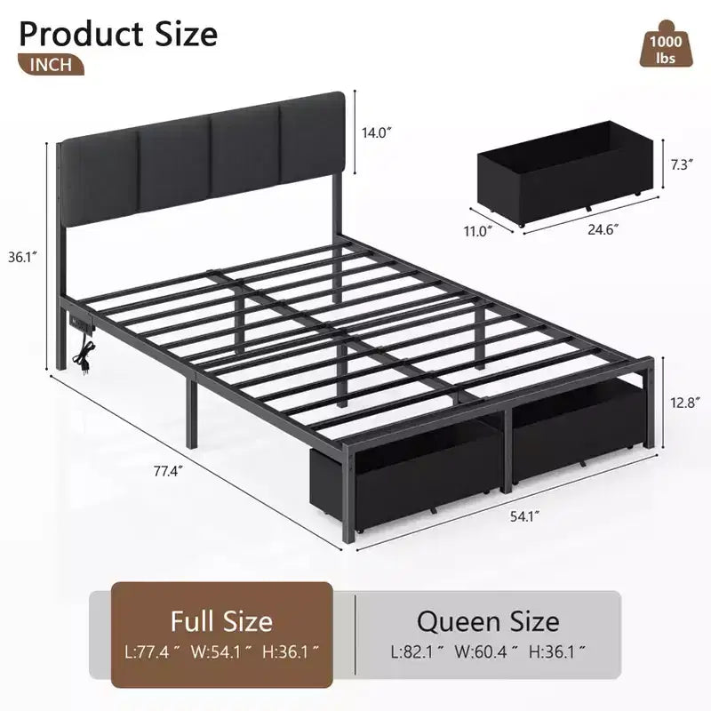Qwatto Upholstered Full Bed Frame with LED Lights Charging Station 2 Storage Drawers Platform Bed No Box Spring Needed Modern Bedroom Furniture