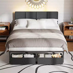 Qwatto Upholstered Full Bed Frame with LED Lights Charging Station 2 Storage Drawers Platform Bed No Box Spring Needed Modern Bedroom Furniture