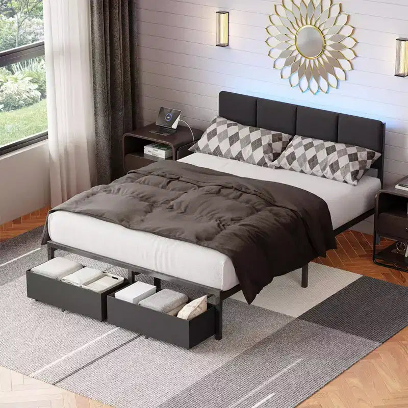 Qwatto Upholstered Full Bed Frame with LED Lights Charging Station 2 Storage Drawers Platform Bed No Box Spring Needed Modern Bedroom Furniture