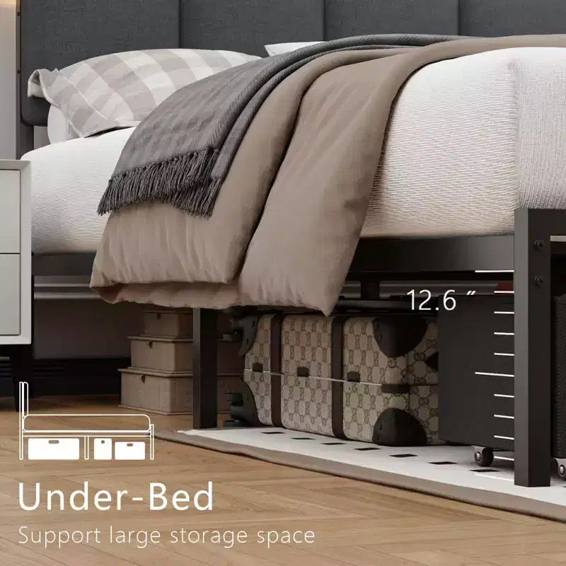 Qwatto Upholstered Full Bed Frame with LED Lights Charging Station 2 Storage Drawers Platform Bed No Box Spring Needed Modern Bedroom Furniture