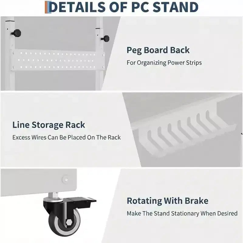 Adjustable Rolling CPU Stand with Cable Management, 22.83-34.1 Inch Height for Under Desk. 2-Tier Mobile Tower Holder for Office & Home, White