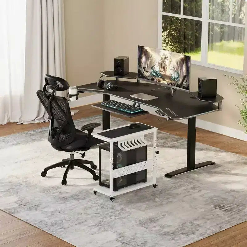 Adjustable Rolling CPU Stand with Cable Management, 22.83-34.1 Inch Height for Under Desk. 2-Tier Mobile Tower Holder for Office & Home, White
