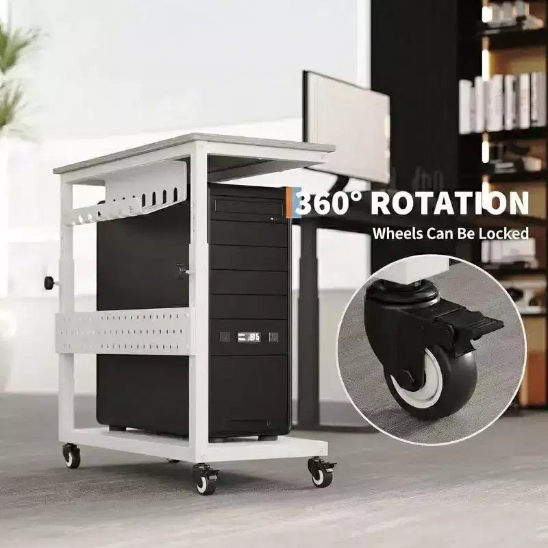 Adjustable Rolling CPU Stand with Cable Management, 22.83-34.1 Inch Height for Under Desk. 2-Tier Mobile Tower Holder for Office & Home, White