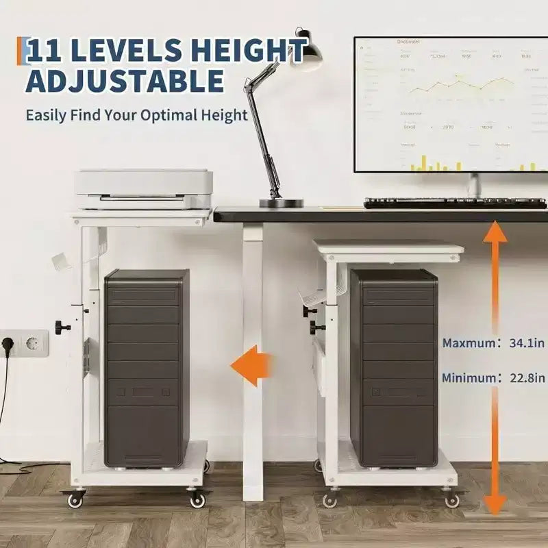 Adjustable Rolling CPU Stand with Cable Management, 22.83-34.1 Inch Height for Under Desk. 2-Tier Mobile Tower Holder for Office & Home, White