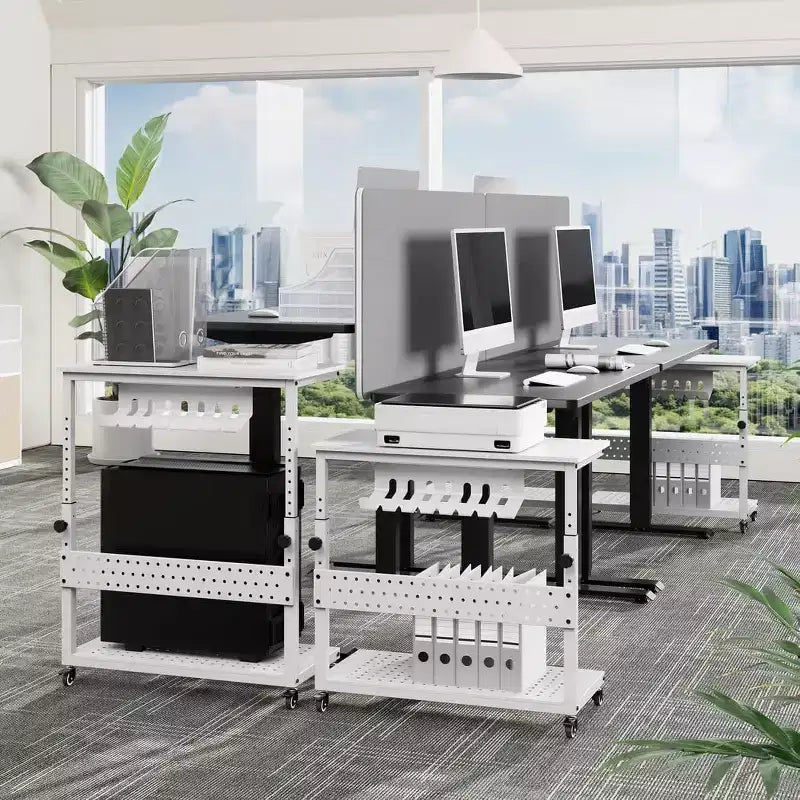 Adjustable Rolling CPU Stand with Cable Management, 22.83-34.1 Inch Height for Under Desk. 2-Tier Mobile Tower Holder for Office & Home, White