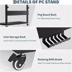 Adjustable Rolling CPU Stand with Cable Management, 22.83-34.1 Inch Height for Under Desk. 2-Tier Mobile Tower Holder for Office & Home, White