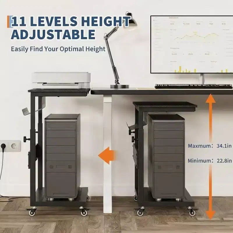 Adjustable Rolling CPU Stand with Cable Management, 22.83-34.1 Inch Height for Under Desk. 2-Tier Mobile Tower Holder for Office & Home, White