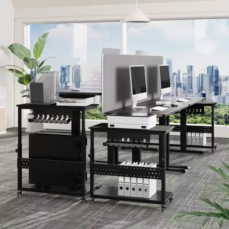 Adjustable Rolling CPU Stand with Cable Management, 22.83-34.1 Inch Height for Under Desk. 2-Tier Mobile Tower Holder for Office & Home, White