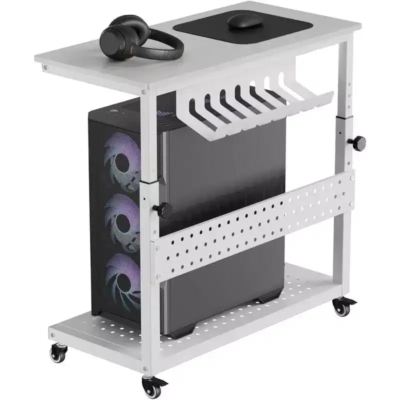 Adjustable Rolling CPU Stand with Cable Management, 22.83-34.1 Inch Height for Under Desk. 2-Tier Mobile Tower Holder for Office & Home, White