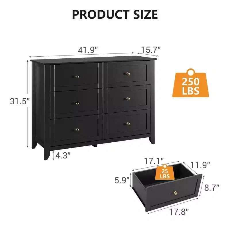 Storage Drawers Unit 2pcs, 6 Chest of Drawer Dresser for 48 Inch TV, Modern Wood Organizer TV Stand for Living Room, Entryway, Hallway, Black