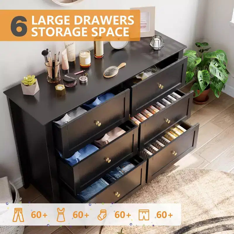 Storage Drawers Unit 2pcs, 6 Chest of Drawer Dresser for 48 Inch TV, Modern Wood Organizer TV Stand for Living Room, Entryway, Hallway, Black