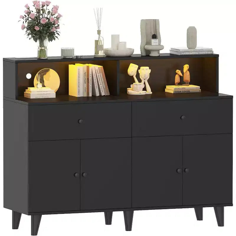 Storage Cabinet, Coffee Bar Station Table with Drawers and Adjustable Shelves, Freestanding Pantry Cabinet Cupboard Hutch for Living Room, Kitchen
