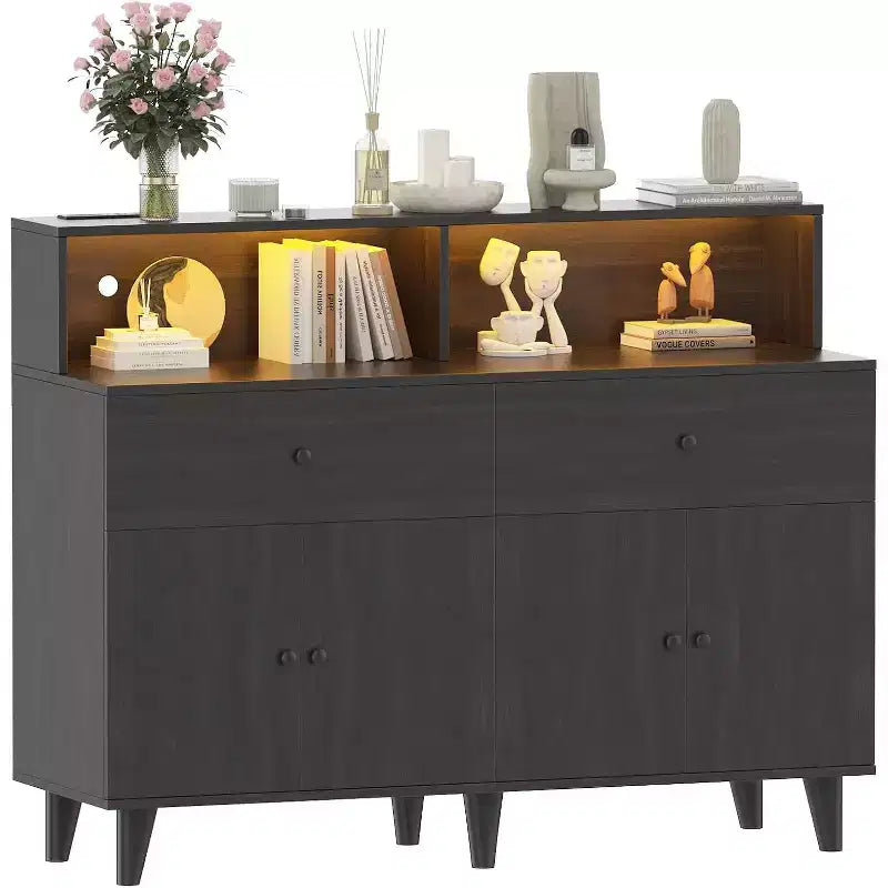 Storage Cabinet, Coffee Bar Station Table with Drawers and Adjustable Shelves, Freestanding Pantry Cabinet Cupboard Hutch for Living Room, Kitchen